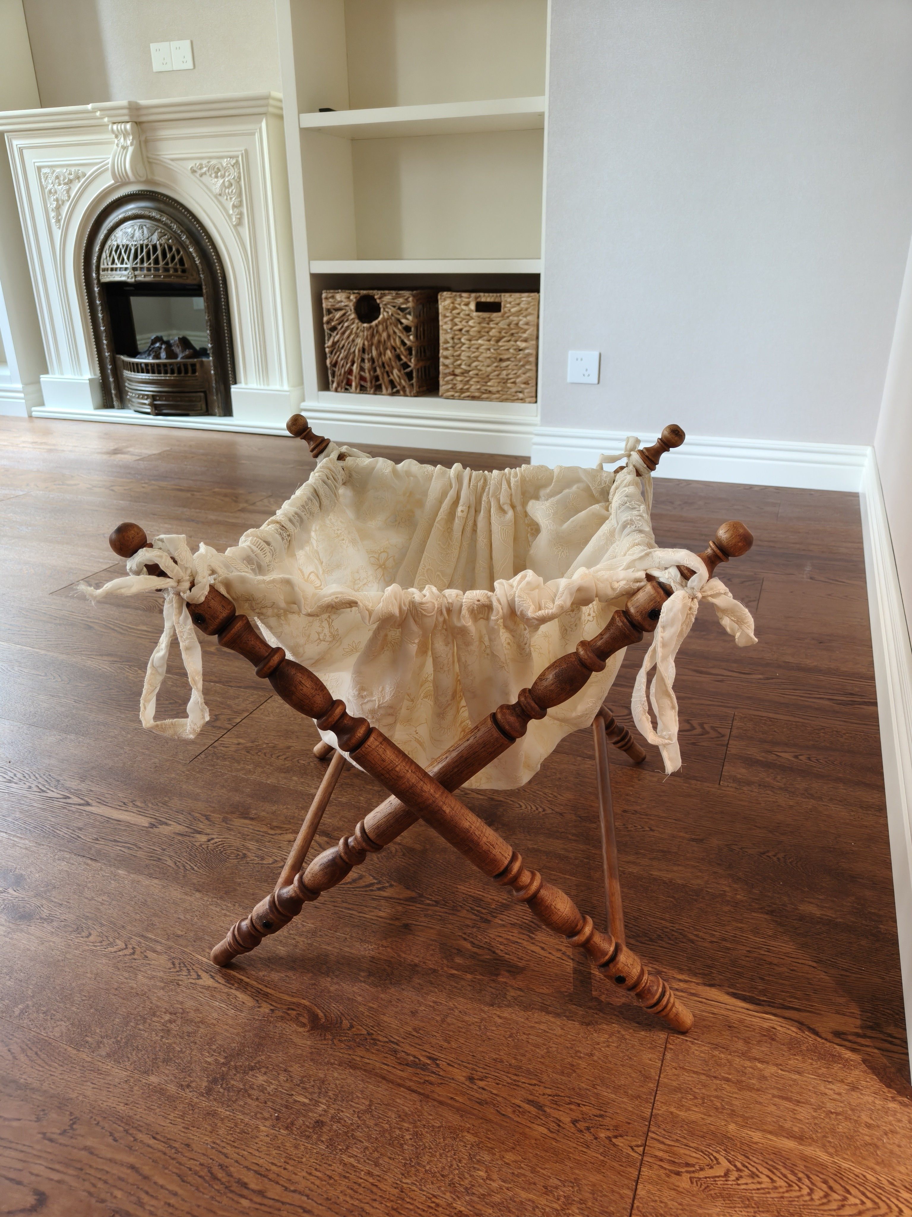 wooden storage basket for pet toys in a customer's home - Vintage French Fabric Pet Storage Hamper